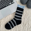 Striped wool socks in black and white with blue rolled cuffs for winter warmth - Rolled Edge Stripe (Black)