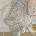 Sweet Japanese light grey lace socks with light blue bow and delicate knit pattern - One Size / Gray