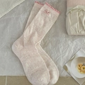 Pink sweet lace socks with mesh patterns and delicate ribbon bows for women - One Size / Pink