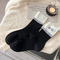 Black crew socks with white ribbed cuffs and cute Dalmatian dog embroidery - One Size / Black