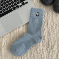 Cozy blue-grey wool crew socks featuring a cute bear embroidery and ribbed cuffs - Blue Embroidery (Bear)
