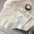 White mid-tube sock with cute puppy embroidery and beige plush trim details - One Size / White