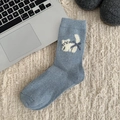 Light blue knit wool socks with cute white cat pattern and dark blue bow details - Blue Bow (Cat)