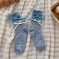 Fuzzy grey-blue coral fleece socks featuring layered satin bows for home comfort - One Size / Blue