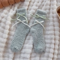 Soft light green coral fleece house socks featuring elegant silk bow tie decorations - One Size / Green