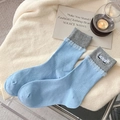 Blue and gray mid-calf socks with cute cartoon puppy embroidery and ribbed cuffs - One Size / Blue