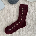 Thick burgundy wool socks with daisy embroidery and cable knit texture for winter - One Size / Floral