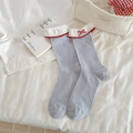 Light blue ribbed crew socks with white ruffles and red bow accent in sweet style - Light Blue Red Bow Style (RH2608)