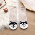Dicke Korallenfleece-Hausschuhe in Aprikose mit süßem Husky-Muster für den Winter - Einheitsgröße / Hellkaffee (Husky)
