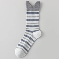 Women's crew socks with classic navy blue and grey stripes and cute cat-ear cuffs - One Size / White/Gray