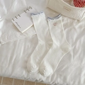 White ribbed mid-tube socks with light blue ruffle trim and a red apple embroidery - Beige Apple Embroidery Style (RH2608)