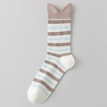 Japanese style striped crew socks in white with blue stripes and cute V-cut pink cuffs - One Size / White with Coffee