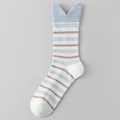 Striped mid-calf cotton socks in white with blue and brown stripes and cat-ear cuffs - One Size / White Base Blue