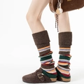 Knitted leg warmers with colorful retro stripes in dark brown and green tones - One Size / Coffee