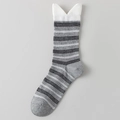 Striped grey mid-calf socks with white pointed cat-ear cuffs and ribbed texture - One Size / Gray