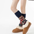 Colorful striped knitted leg warmers with navy blue ribbed cuffs and winter fur boots - One Size / Navy Blue