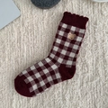 Deep red checkered wool socks with cute bear embroidery and ruffled cuff design - One Size / Bear Embroidery