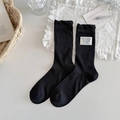 Korean style black ribbed mid-calf socks with Happy Smile tag and mesh texture - Black