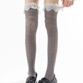 Grey over-the-knee socks with white lace trim and diamond hollow-out knit pattern - One Size / Gray