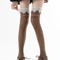 Brown over-knee socks with white lace trim and diamond-pattern hollow-out knit design - One Size / Coffee
