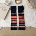 Retro striped knit leg warmers in dark blue with multicolor bands and thick ribbed cuff - One Size / Navy Blue