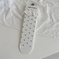 Lolita style white mid-calf socks with black polka dots, lace trim and ribbon bow - One Size / White Polka Dot