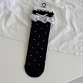 Lolita black crew socks with white polka dots, lace trim and silk bow decoration - One Size / Black Polka Dot