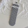 Grey Lolita calf socks with white lace trim, black polka dots and sweet ribbon bows - One Size / Polka Dot Grey