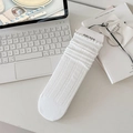 White cotton mid-calf socks with vertical knit pattern and ruffled cuffs in minimalist style - One Size / Small Diamond Quilted
