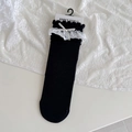 Chaussettes hautes Lolita noires avec dentelle blanche et nœuds décoratifs - Taille unique / Rayures Verticales Noires