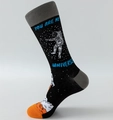 Astronaut theme crew socks in black and orange with You Are My Universe text - Black With Grey Heel Astronaut Style