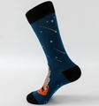 Navy blue cotton crew socks featuring astronaut and rocket space pattern with black heel - Navy Meteor Shower Astronaut Style