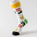 Cartoon cotton crew socks for men with lazy cat and banana patterns in white and yellow - 41-46 / White (Banana Cat)