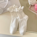 Chaussettes Lolita blanches à volants et dentelle ajourée pour chaussures Mary Jane - Style Petit Volant / Blanc