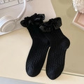 Schwarze Lolita-Socken mit elegantem Spitzenbesatz und vertikaler Strickstruktur - Kleiner Rüschenstil / Schwarz