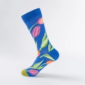 Royal blue mid-calf socks featuring pink tulip patterns and green contrast toe detail - 41-46 / Seamless Tulip