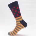 Mid-calf cotton socks with navy red polka dots and orange grey stripes design - EU 41-46 / Black Base Red Polka Dots