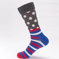 Mid-calf cotton socks with grey polka dots and blue white red striped pattern - EU 41-46 / Dark Grey Base White Polka Dots