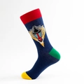 Dunkelblaue Socken mit buntem Pavian-Muster und dreifarbigen Nähten im Fersenbereich - Dunkelblau Mandrill Stil