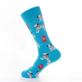 Calze blu brillante con motivi di cani dalmata e idranti rossi in cotone elasticizzato - Sfondo Blu Dalmata