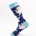 Calze blu scuro con simpatici motivi di gatti angelo bianchi e stampe di stelle gialle - Taglia Unica (EU 41-46) / Gatti Cartone Animato Blu Notte