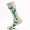 Light gray cotton crew socks featuring green cactus patterns and ribbed elastic cuffs - Gray Cactus