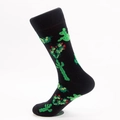 Mid-calf black cotton socks featuring green cactus and red flower patterns - Black Cactus