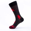 Dark taupe mid-calf cotton socks featuring vibrant red floral patterns and red toe tips - Cockscomb Red