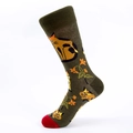 Olive green crew sock featuring yellow cat and orange floral pattern with red toe detail - Cat