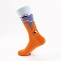Orange cotton crew socks featuring blue cuff and creative octopus wrap-around design - Orange Octopus