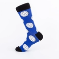 Royal blue athletic crew socks with white volleyball patterns and black accents - Blue Volleyball