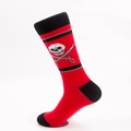 Red and black cotton crew socks with pirate skull and crossed swords jacquard pattern - Red Pirate Flag