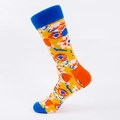 Vibrant yellow crew socks with blue and orange abstract artistic patterns and colorful toes - EU Size 40-46 / Royal Blue Top Orange Heel Illustration