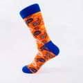 Orange and blue crew socks featuring paisley and eye patterns in premium cotton knit - EU Size 40-46 / Hand-linked Royal Blue Toe/Heel Totem Paisley